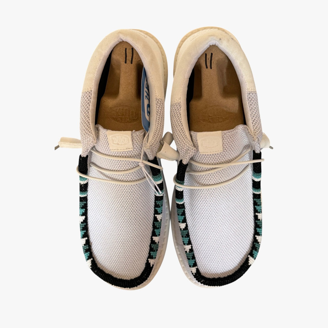 All Nations Designs &amp; More light gray mesh Hey Dude slip-on shoes featuring custom hand-beaded trim in western style.