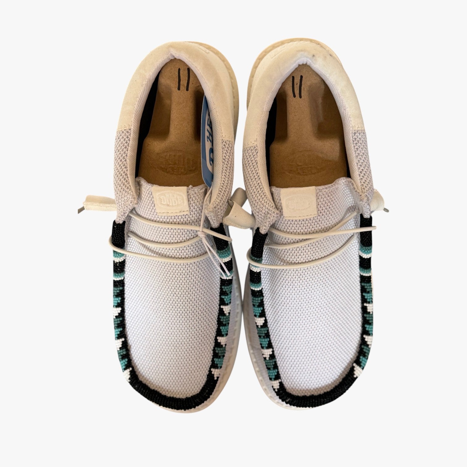 All Nations Designs & More light gray mesh Hey Dude slip-on shoes featuring custom hand-beaded trim in western style.
