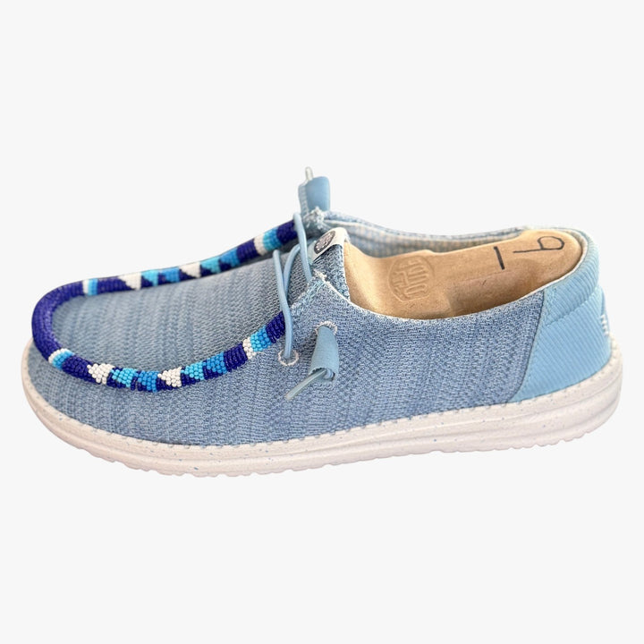 All Nations Designs &amp; More hand-beaded gray and blue mesh slip-on shoes with custom beadwork trim