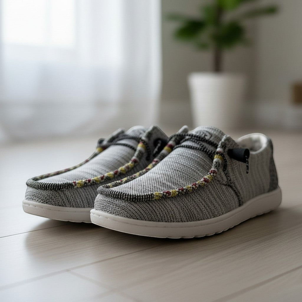 All Nations Designs &amp; More gray mesh slip-on shoes featuring unique hand-beaded yin-yang detailing on the toe