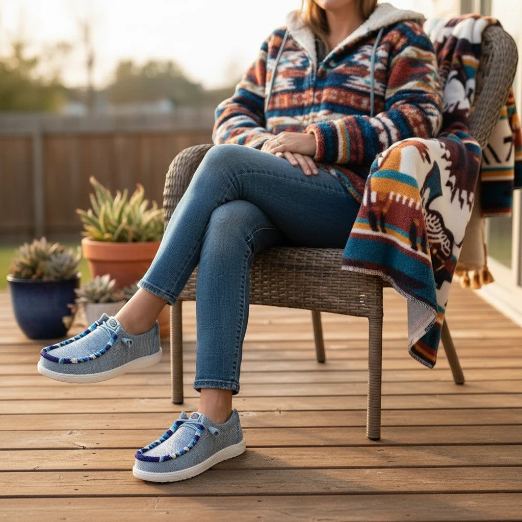 All Nations Designs &amp; More gray and blue hand-beaded Hey Dude slip-on shoes worn with jeans on a wooden deck.