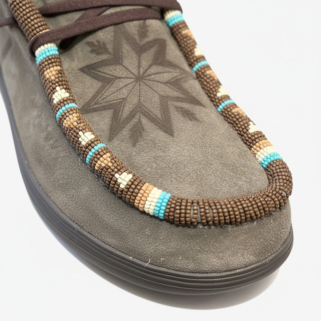 All Nations Designs &amp; More brown suede Hey Dude slip-on shoes featuring custom hand-beaded trim and laser-etched star.