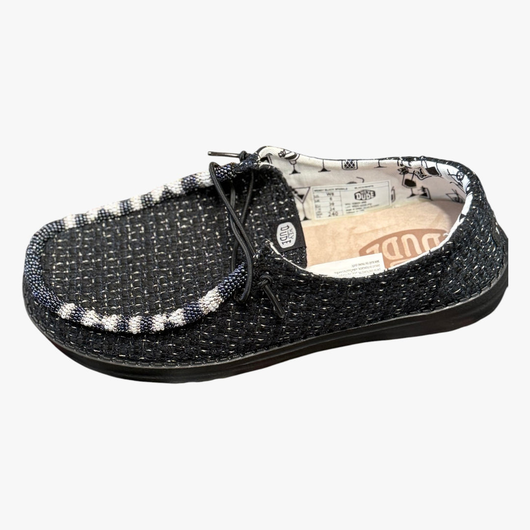 All Nations Designs &amp; More black mesh Hey Dude slip-on shoes featuring unique hand-beaded detailing on the toe.