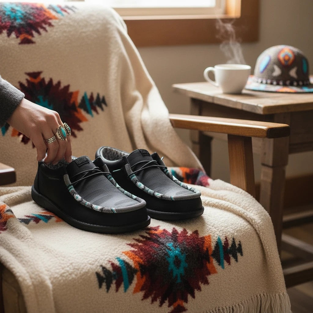 All Nations Designs &amp; More black Hey Dude slip-on shoes featuring custom hand-beaded detailing on a patterned blanket.