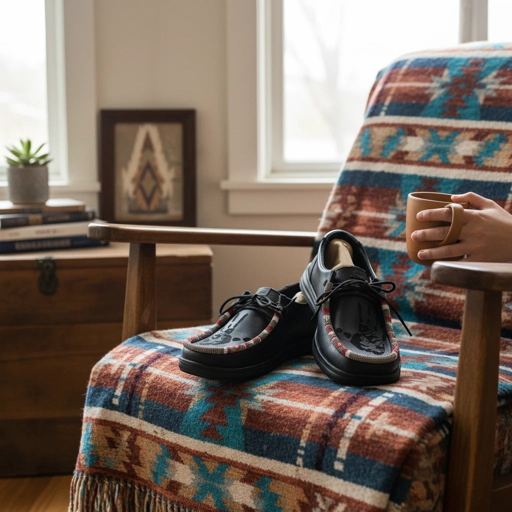 All Nations Designs &amp; More black Hey Dude slip-on shoes with hand-beaded blue accents on a patterned armchair