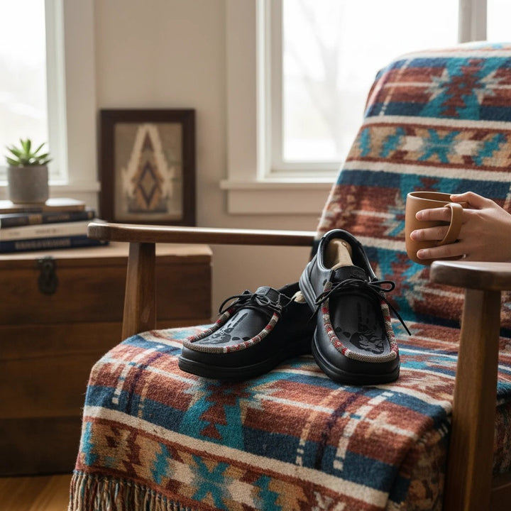 All Nations Designs &amp; More black Hey Dude slip-on shoes with hand-beaded blue accents on a patterned armchair
