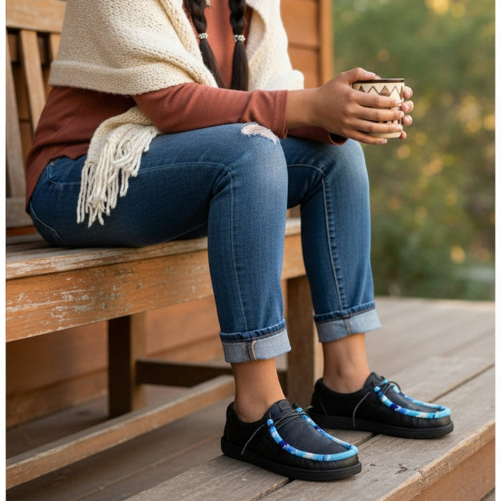 All Nations Designs &amp; More Hey Dude black slip-on shoes with blue hand-beaded detail worn by a woman on a wooden porch.
