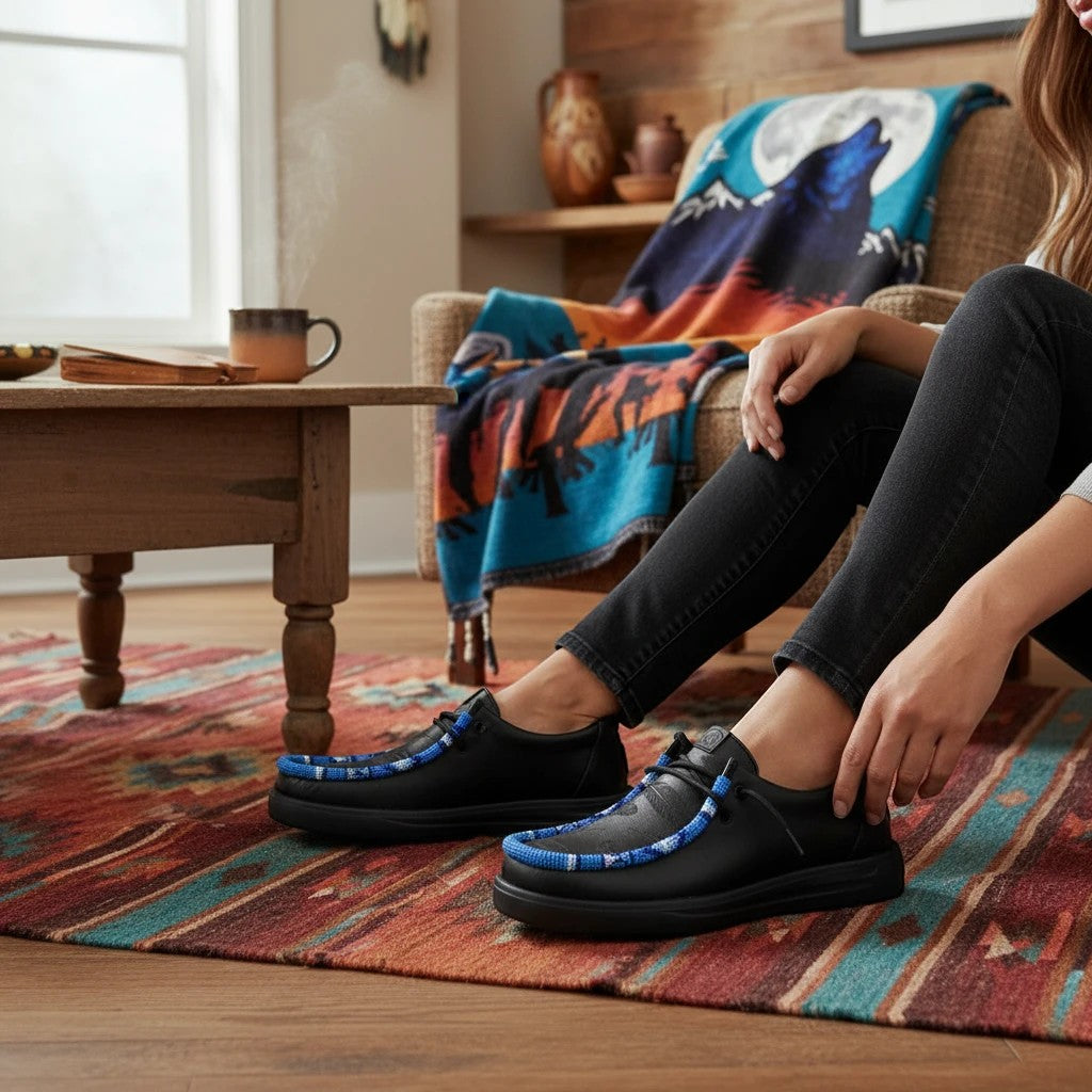 All Nations Designs &amp; More black Hey Dude slip-on shoes featuring intricate blue and white hand-beaded detailing.