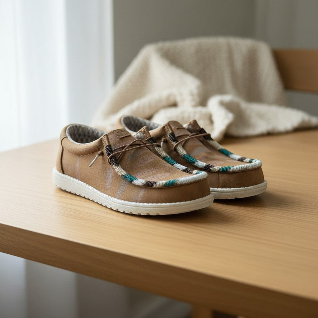 All Nations Designs &amp; More brown Hey Dude slip-on shoes featuring custom hand-beaded detailing on a wooden table.