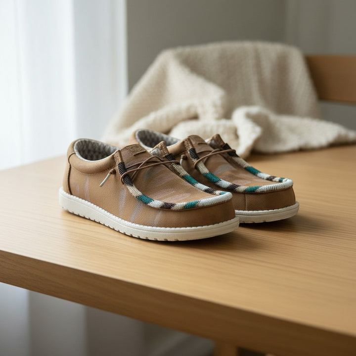 All Nations Designs &amp; More brown Hey Dude slip-on shoes featuring custom hand-beaded detailing on a wooden table.