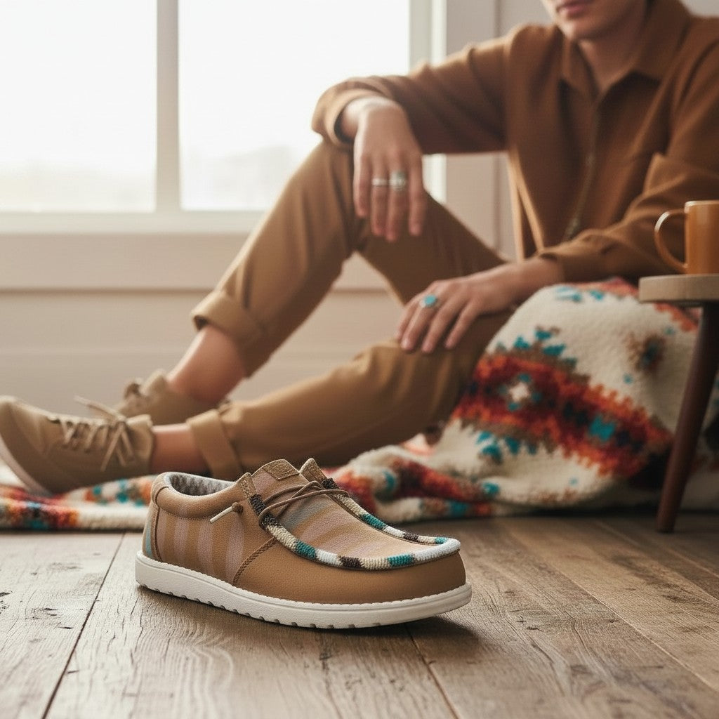 All Nations Designs &amp; More brown hand-beaded Hey Dude slip-on shoes with western-inspired patterns on wooden floor