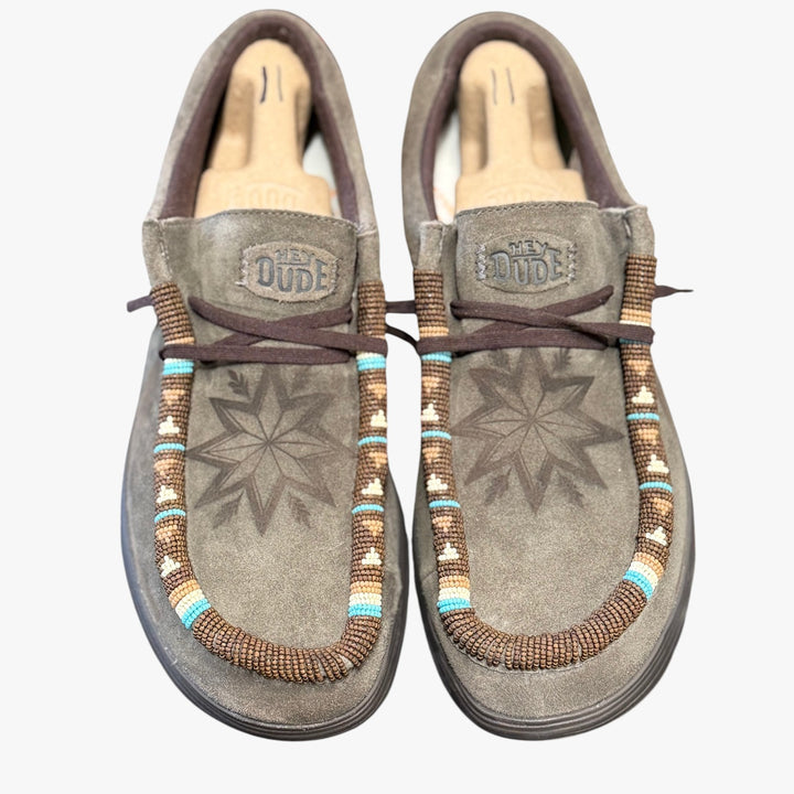 All Nations Designs &amp; More brown suede Hey Dude slip-on shoes featuring custom hand-beaded star patterns