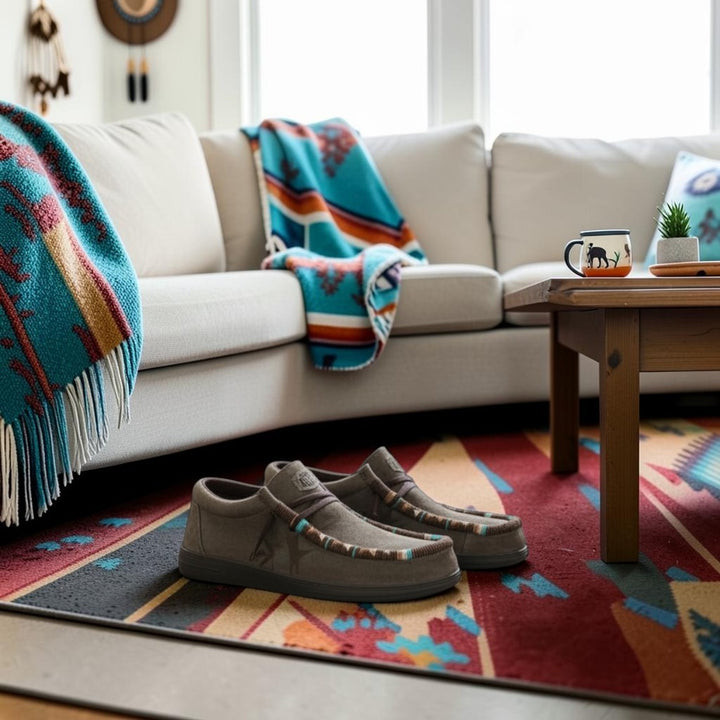 All Nations Designs &amp; More brown suede Hey Dude slip-on shoes featuring custom hand-beaded detailing in a living room.