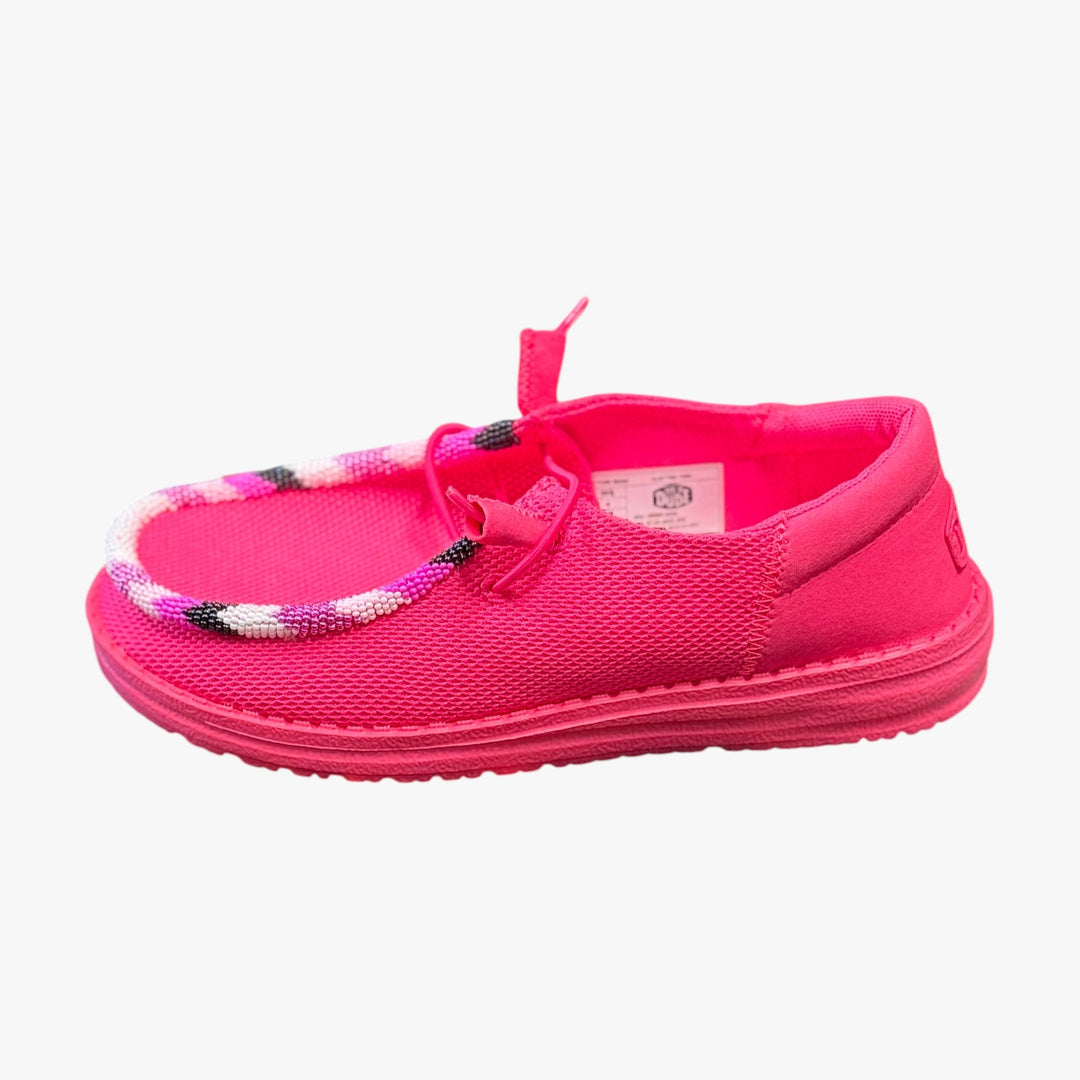 All Nations Designs &amp; More electric pink mesh slip-on shoes featuring unique hand-beaded detailing on the toe.