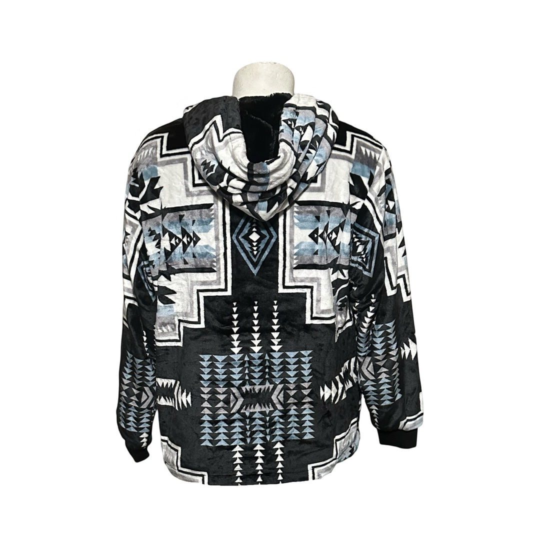 Back view of All Nations Designs &amp; More Geo-Storm hoodie featuring a black, white, and blue Southwestern pattern.