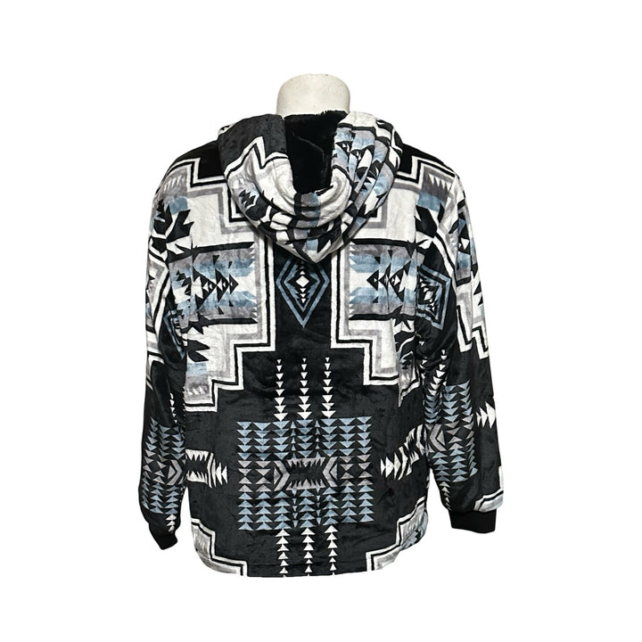 Back view of All Nations Designs &amp; More Geo-Storm hoodie featuring a black, white, and blue Southwestern pattern.