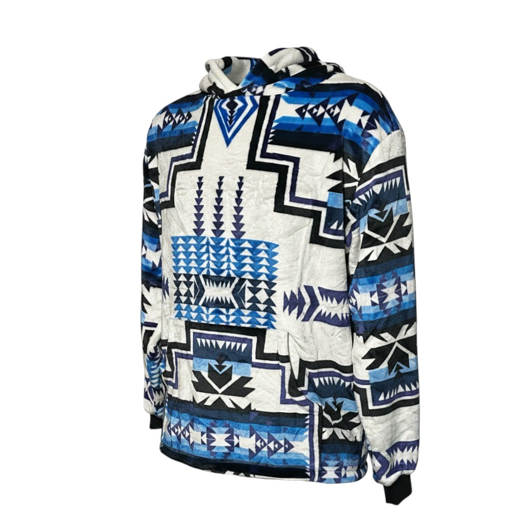 All Nations Designs &amp; More Geo-Storm hoodie featuring a blue, black, and white Southwestern geometric pattern.