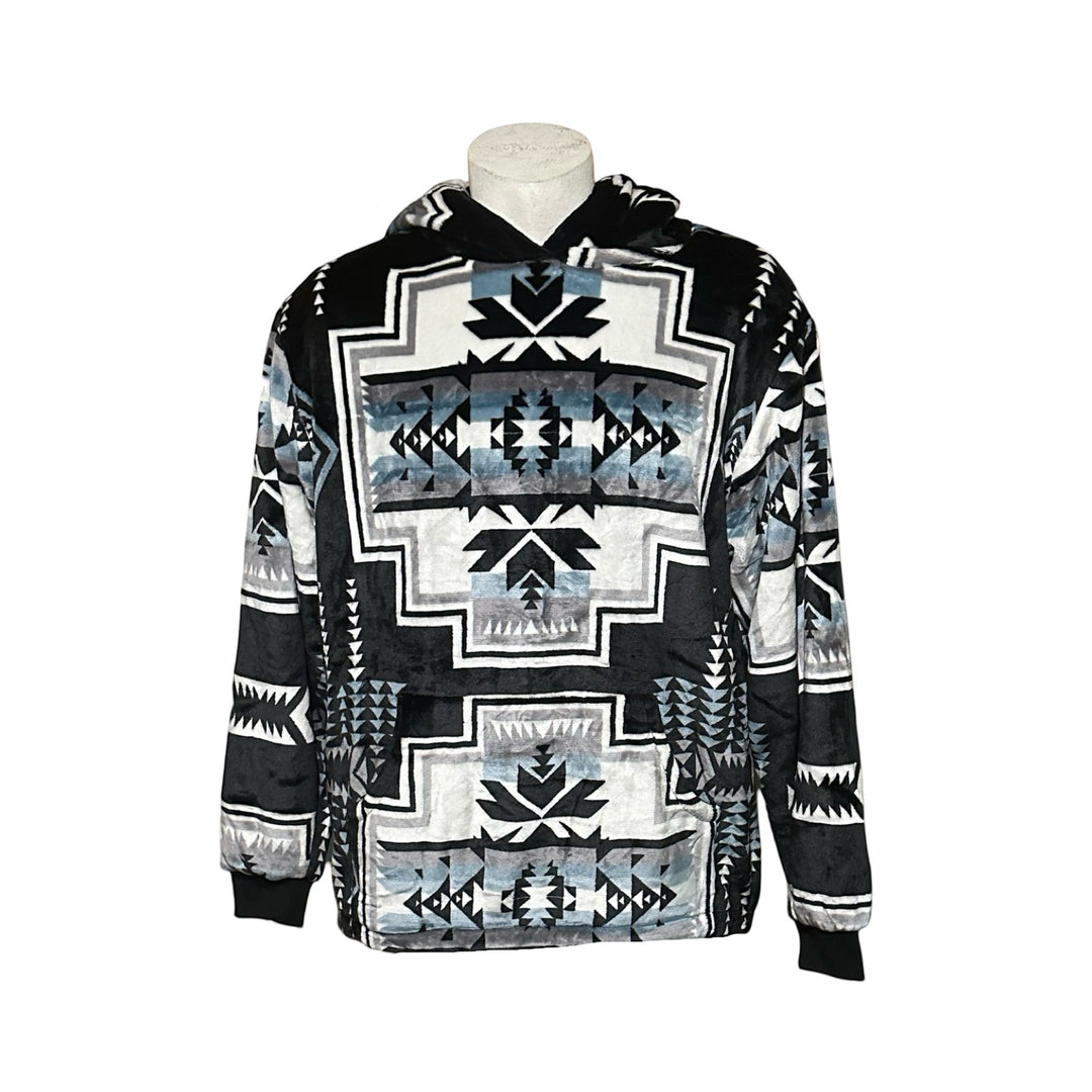 All Nations Designs &amp; More Geo-Storm hoodie in black and gray with a Southwestern geometric pattern and satin-touch feel