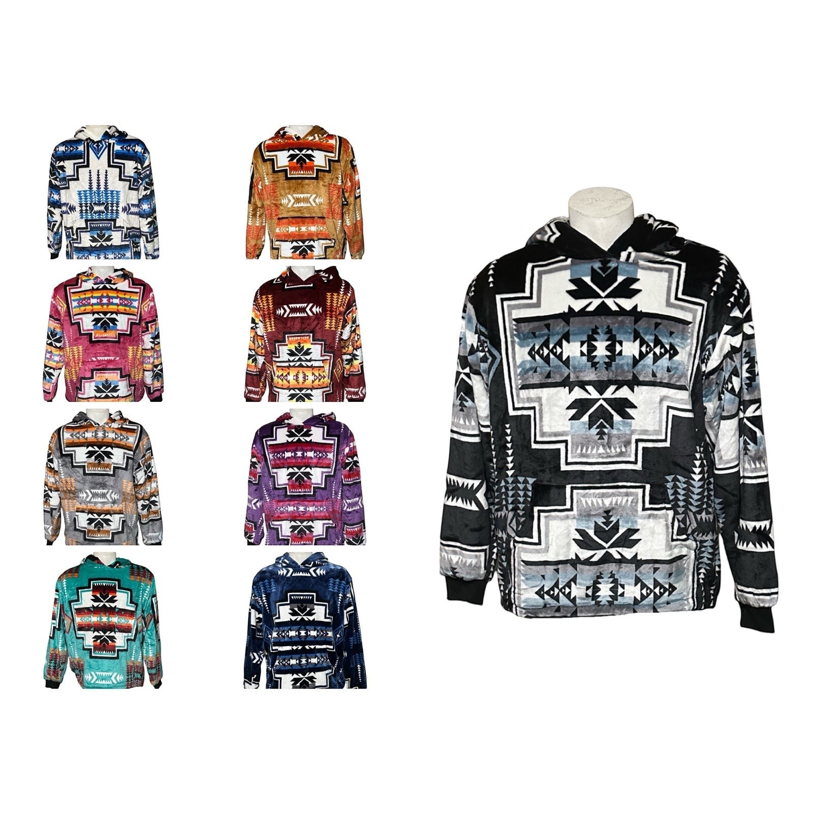 All Nations Designs & More Geo-Storm satin-touch hoodies featuring bold Southwestern geometric patterns in nine colors.