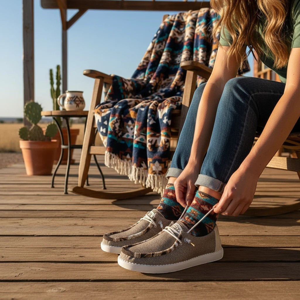 All Nations Designs &amp; More metallic gold Hey Dude slip-on shoes with hand-beaded trim worn on a wooden porch