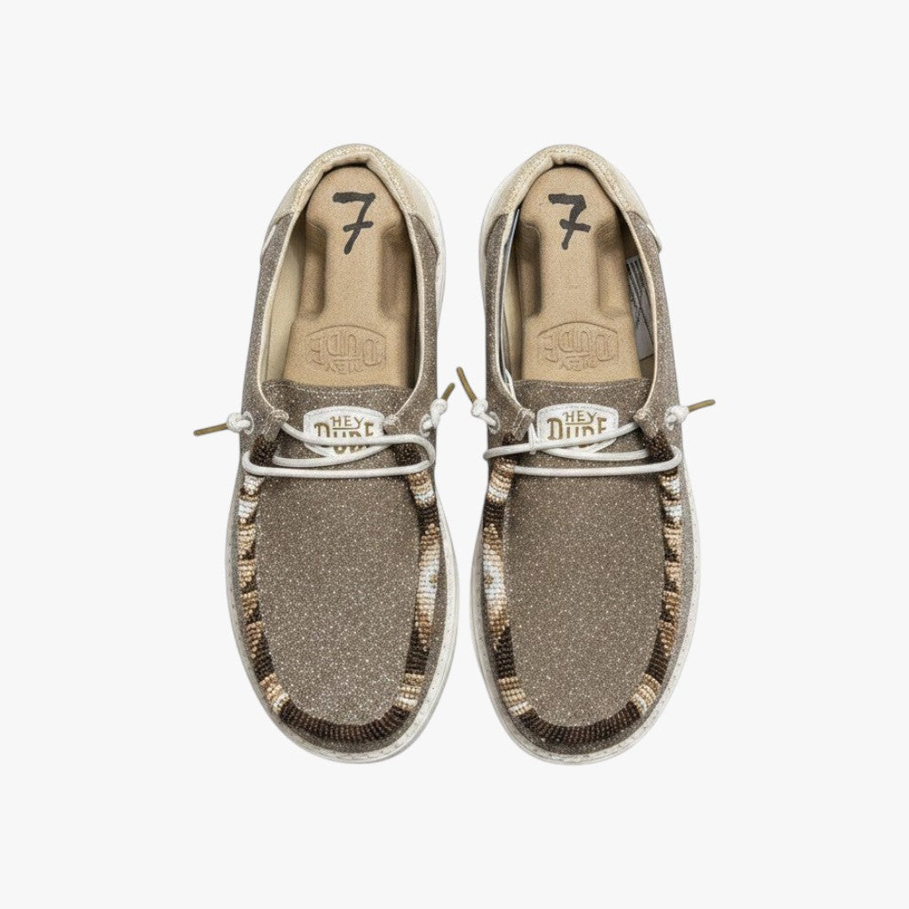 All Nations Designs & More Hey Dude metallic gold sparkle slip-on shoes with intricate hand-beaded trim and white sole