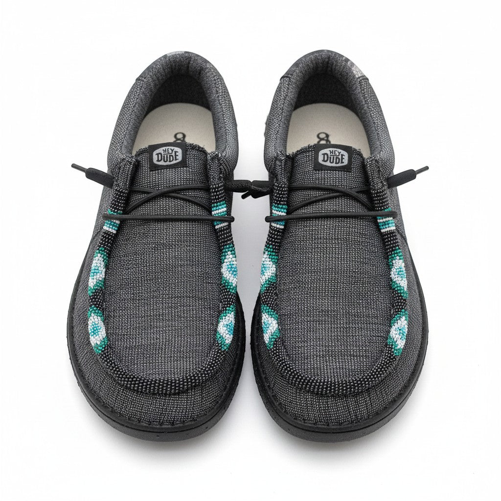 All Nations Designs &amp; More gray Hey Dude slip-on shoes featuring custom turquoise and white hand-beaded detailing.
