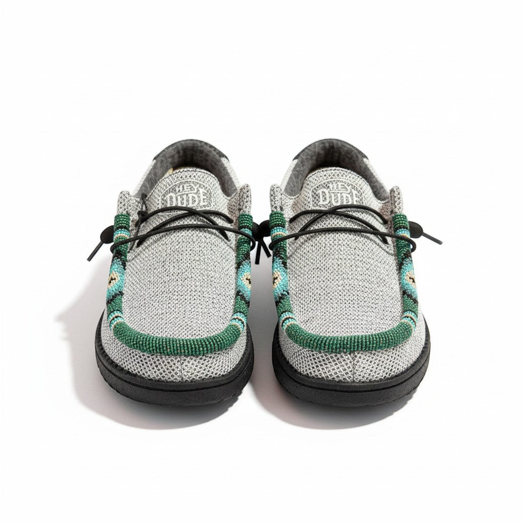 All Nations Designs &amp; More gray mesh Hey Dude slip-on shoes featuring custom green and turquoise hand-beaded trim.