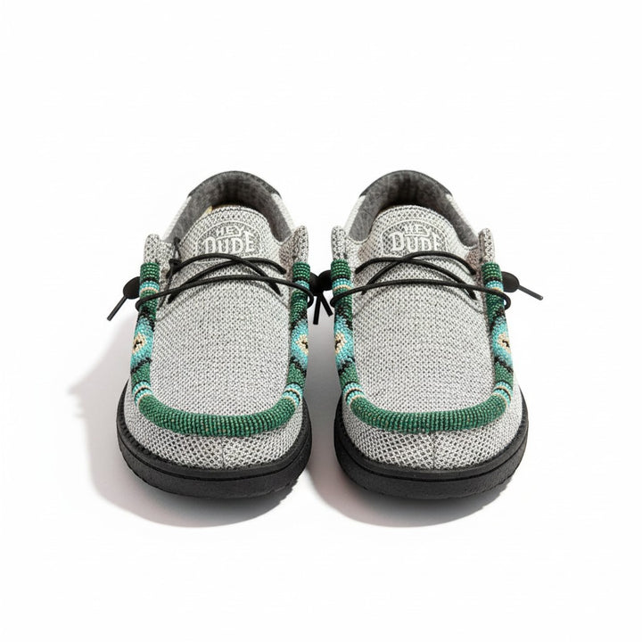 All Nations Designs &amp; More gray mesh Hey Dude slip-on shoes featuring custom green and turquoise hand-beaded trim.