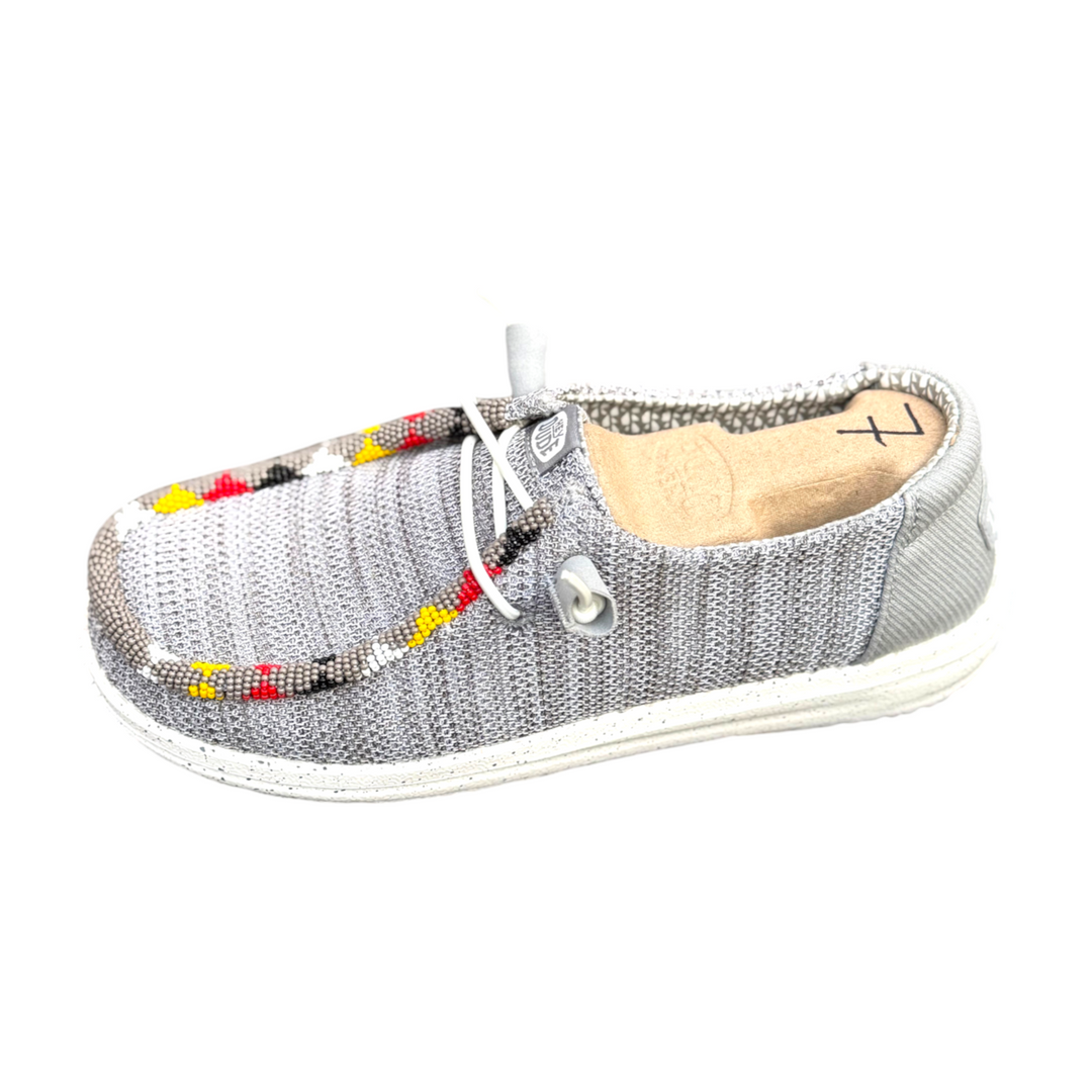 All Nations Designs &amp; More gray mesh Hey Dude slip-on shoes featuring unique hand-beaded western-style detailing.