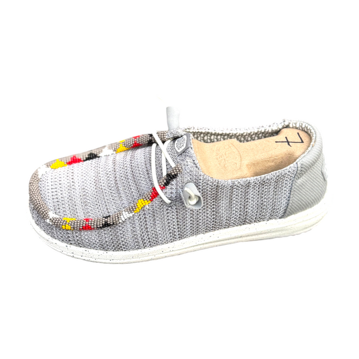 All Nations Designs &amp; More gray mesh Hey Dude slip-on shoes featuring unique hand-beaded western-style detailing.