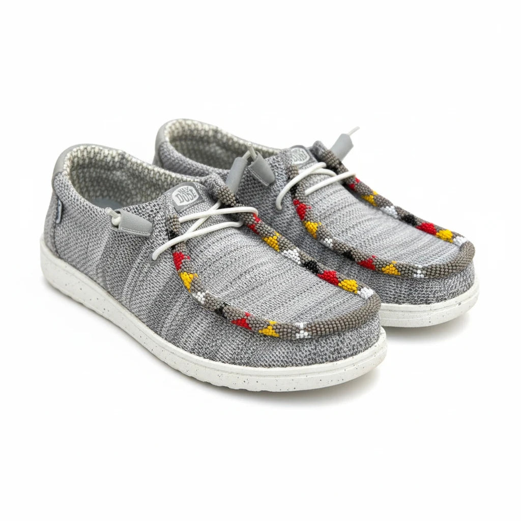 All Nations Designs &amp; More gray mesh Hey Dude slip-on shoes featuring unique colorful hand-beaded western detailing.
