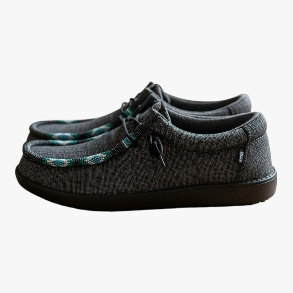 All Nations Designs &amp; More gray Hey Dude slip-on shoes featuring unique hand-beaded turquoise and white detailing.