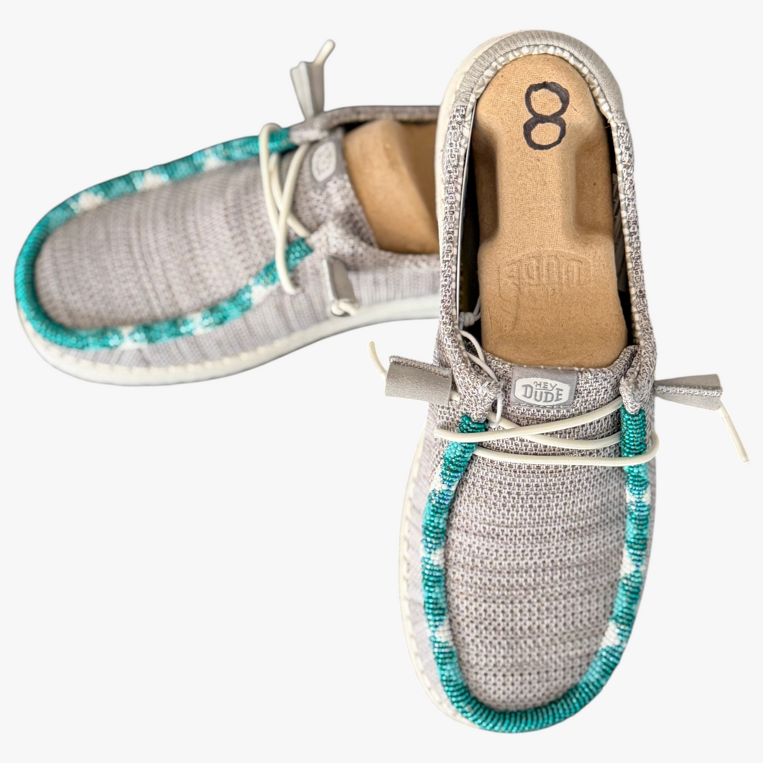 All Nations Designs &amp; More gray mesh Hey Dude slip-on shoes featuring unique turquoise and white hand-beaded trim.