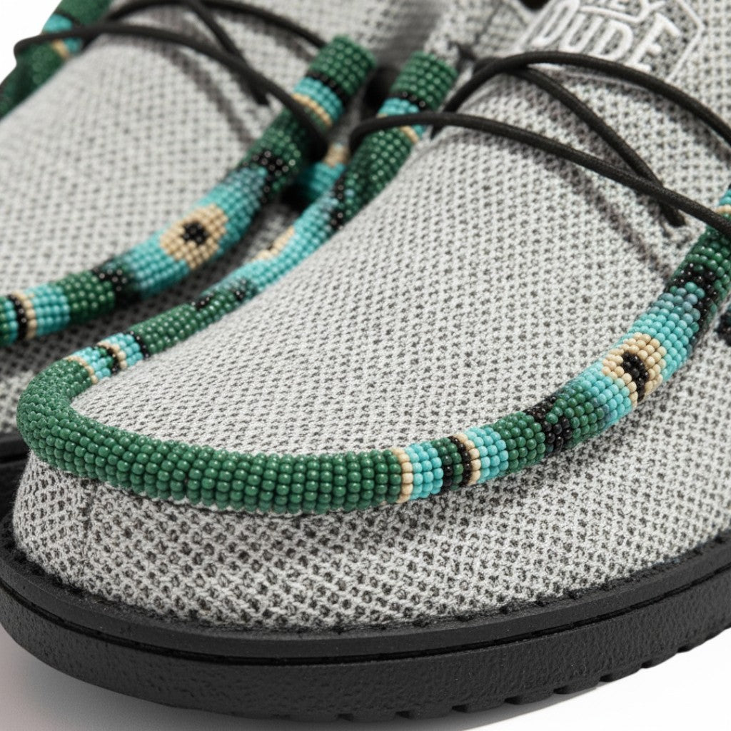 All Nations Designs &amp; More gray mesh Hey Dude slip-on shoes featuring custom green and turquoise hand-beaded trim.