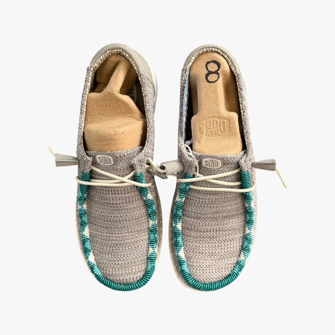 All Nations Designs &amp; More gray mesh Hey Dude slip-on shoes featuring unique hand-beaded turquoise trim, size 8
