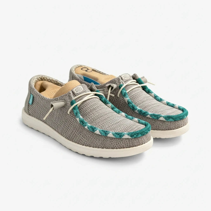 All Nations Designs &amp; More gray mesh Hey Dude slip-on shoes featuring custom turquoise and white hand-beaded trim.
