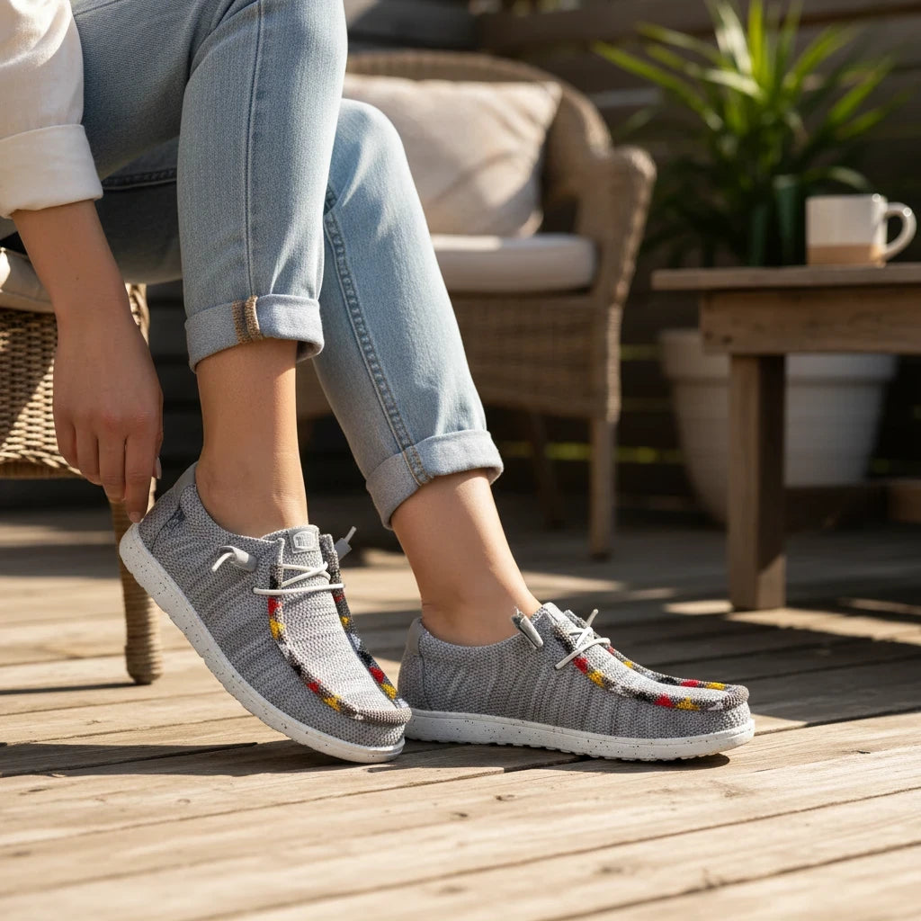 All Nations Designs &amp; More gray mesh slip-on shoes with colorful hand-beaded accents worn with jeans on a patio.