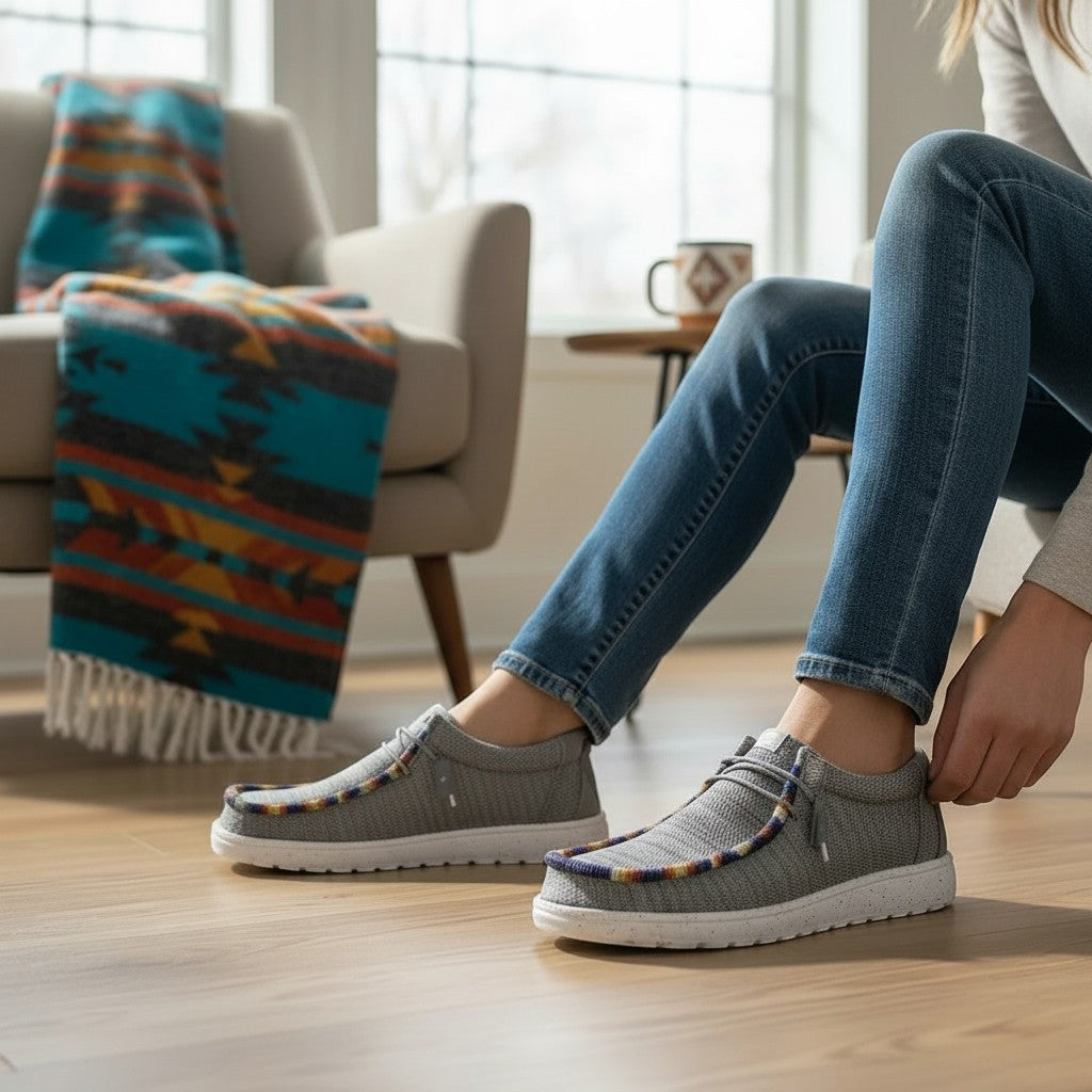 All Nations Designs &amp; More gray mesh slip-on shoes with custom hand-beaded trim worn with jeans in a casual setting.