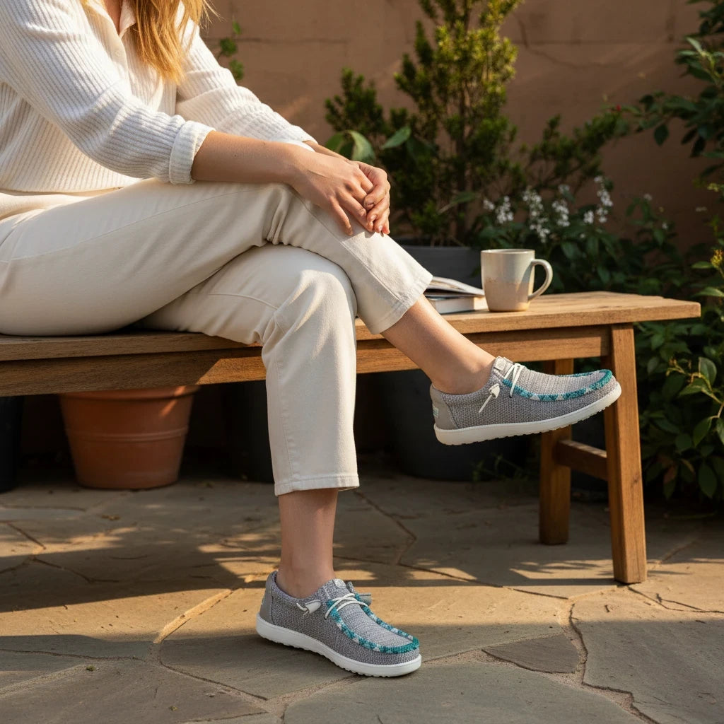 All Nations Designs &amp; More hand-beaded gray mesh Hey Dude slip-on shoes worn by a woman sitting on a wooden bench