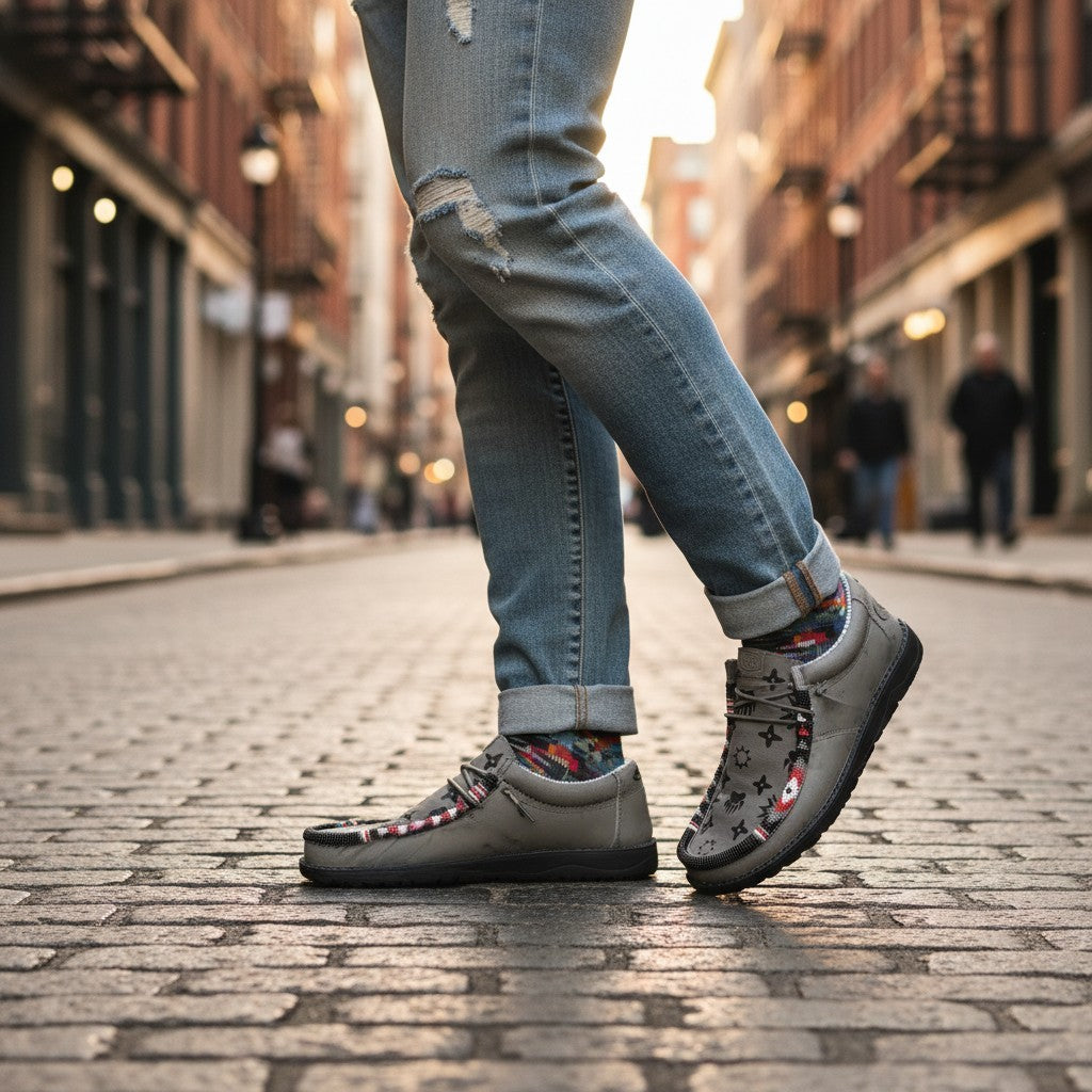 All Nations Designs &amp; More gray hand-beaded Hey Dude slip-on shoes worn with distressed jeans on a city street