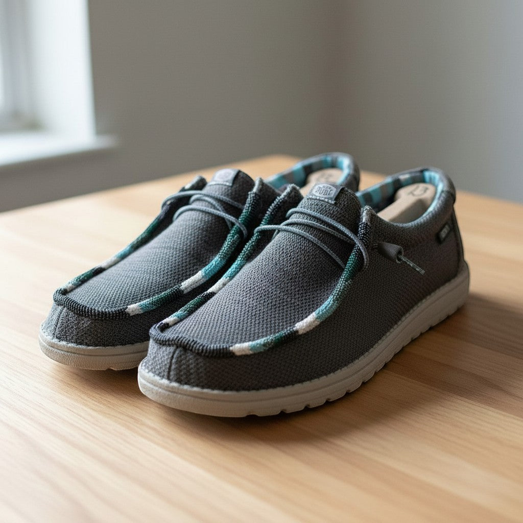 All Nations Designs &amp; More gray and blue hand-beaded Hey Dude slip-on shoes for men in size 13 on a wooden table.
