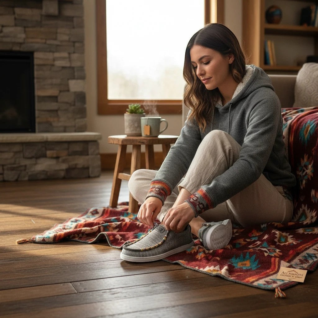 All Nations Designs &amp; More grey mesh Hey Dude slip-on shoes with hand-beaded yin-yang detail worn by a woman indoors.