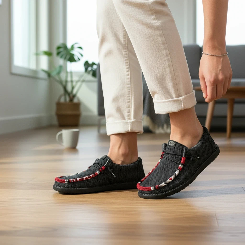 All Nations Designs &amp; More hand-beaded black Hey Dude Wally Sox slip-on shoes worn with white trousers.