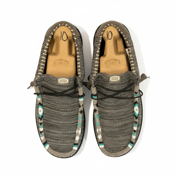 All Nations Designs &amp; More hand-beaded Hey Dude Wally Sox slip-on shoes in granite grey and black with turquoise accents