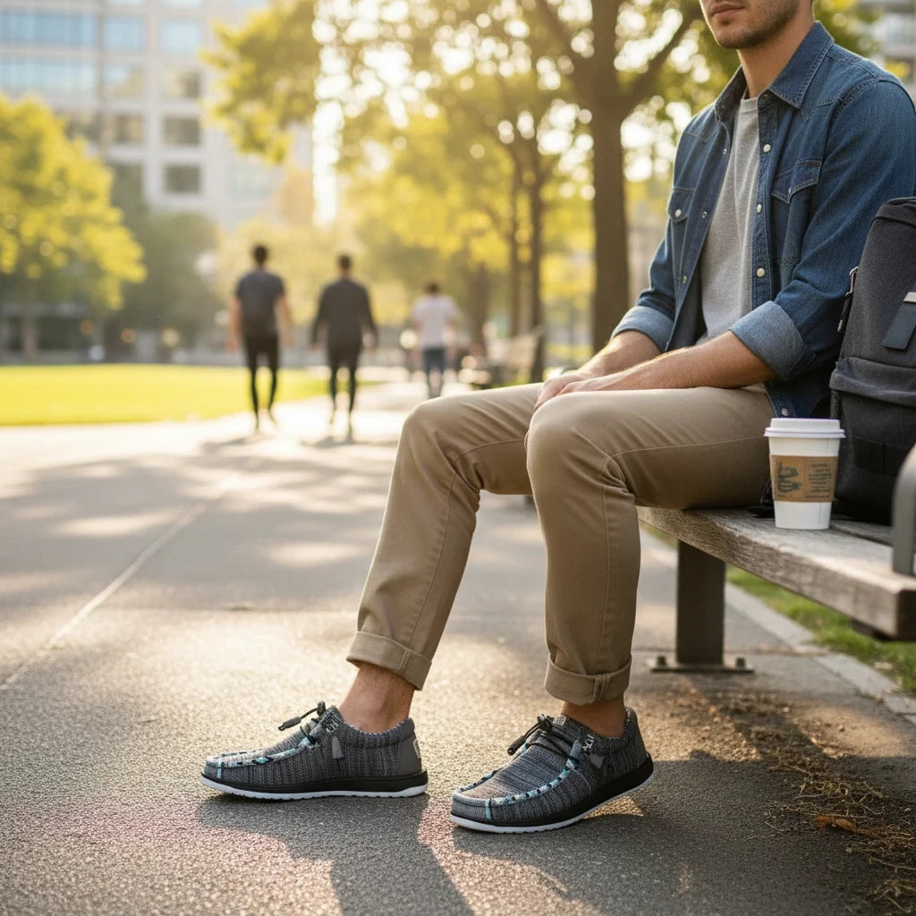 All Nations Designs &amp; More men wearing hand-beaded grey Hey Dude Wally Stretch Sox shoes on a park bench