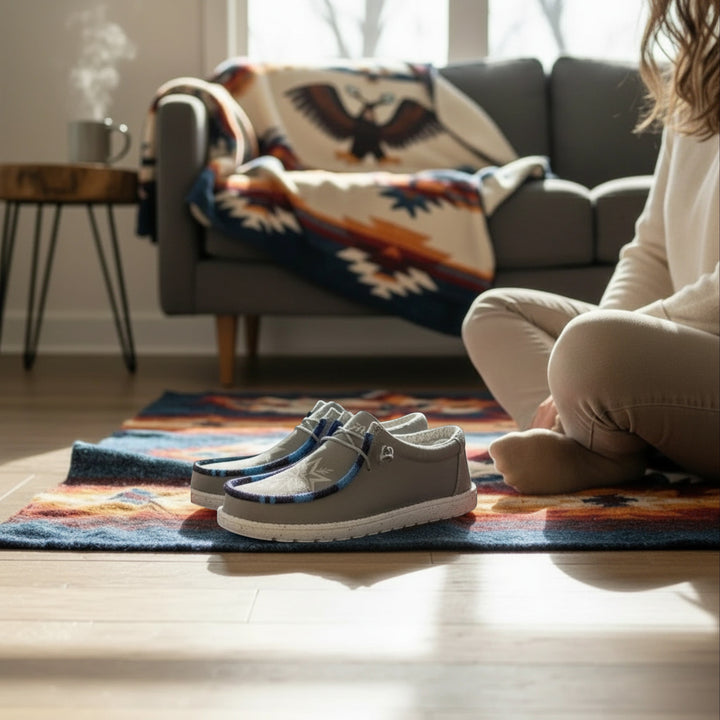 All Nations Designs &amp; More light gray Hey Dude slip-on shoes with custom hand-beaded detailing on a patterned rug.
