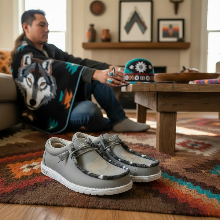 All Nations Designs &amp; More light gray Hey Dude slip-on shoes with custom hand-beaded detailing on a patterned rug.