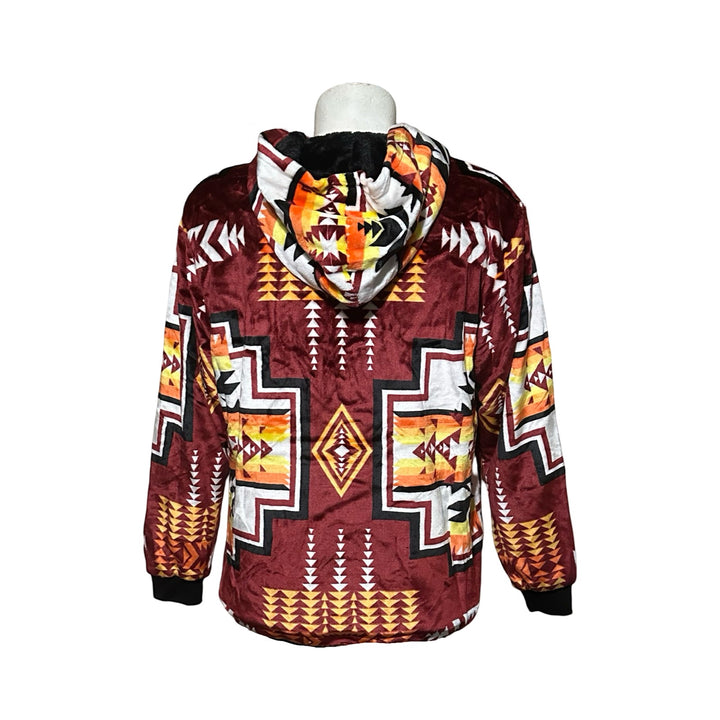 Back view of All Nations Designs &amp; More maroon satin-touch hoodie with a bold Southwestern geometric pattern.
