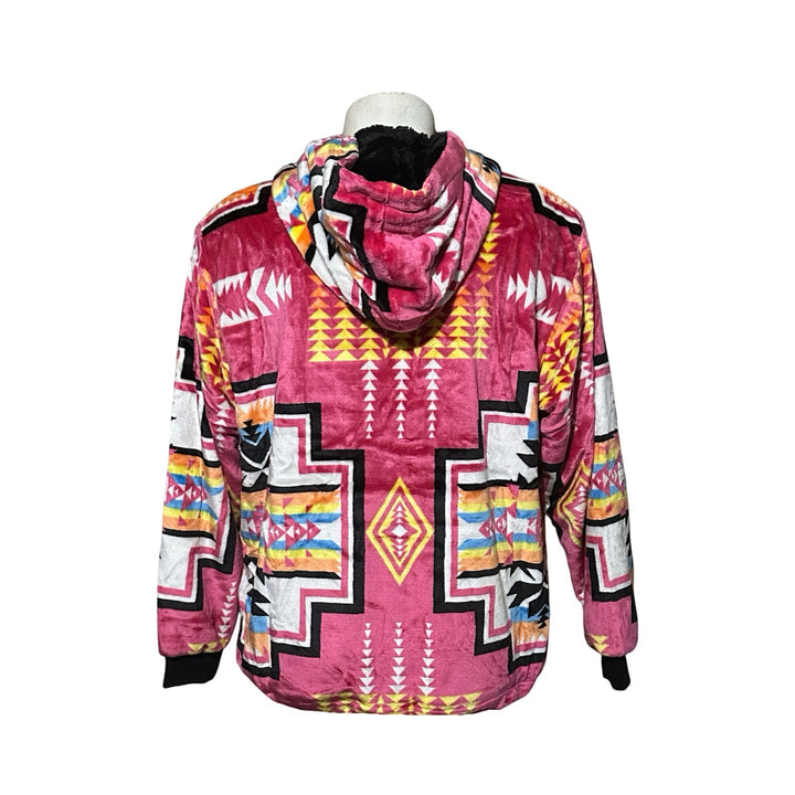 Back view of All Nations Designs &amp; More Geo-Storm hoodie in maroon with a vibrant Southwestern geometric pattern.