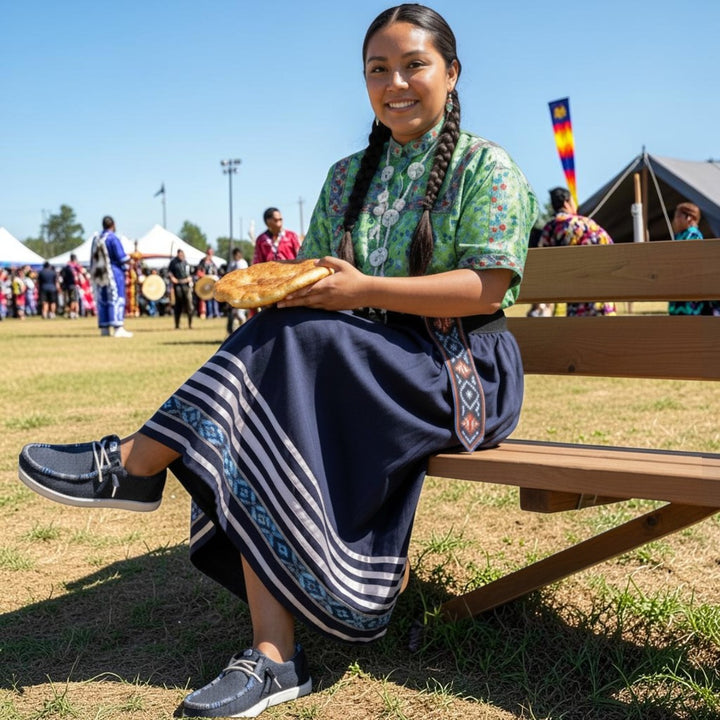 All Nations Designs &amp; More navy mesh Hey Dude slip-on shoes with custom hand-beaded detail worn by a woman at a powwow